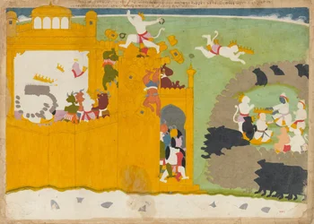 The Monkey Leader Angada Steals Ravanas Crown from His Fortress