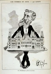 Cartoon by M. Poubelle, prefect of the Seine, carrying the City Hall of Paris on a plateau - Dess. by Luque, in 
