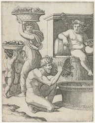 Bacchus watches as a man and woman and two children carry baskets of grapes for winemaking (Winemaking)