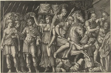 Emperor Trajan Crowned by Victoria Next to Female Personification of Rome and Romans Fighting Dacians
