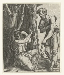 Man Kneeling and Turning Away from Beggar at Forest Edge
