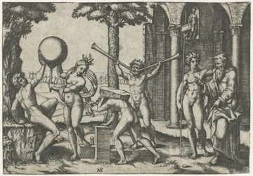 Man with Two Trumpets and Man with Stone on His Back Flanked by Man and Woman with Globe and Old and Young Man