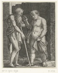 Old man leaning on a stick and gesturing to a young fat man