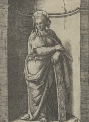 Saint Catherine Standing in a Niche, Resting on a Wheel, Her Instrument of Torture