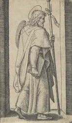 Saint James Major, book in his right hand, staff in his left facing right