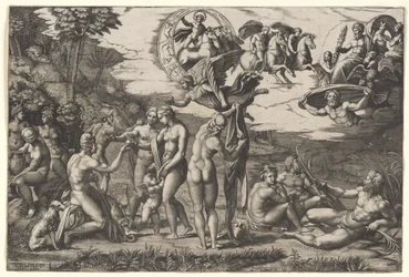 The Judgment of Paris: he is sitting at left with Venus, Juno and Pallas Athena, a winged victory above