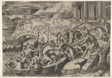 The Abduction of Helen, Battle Scene on a Shore with Two Men Pulling Helen into a Boat