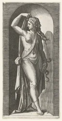 Woman as personification of Prudence (Prudentia) with snake and mask (Seven Virtues series)