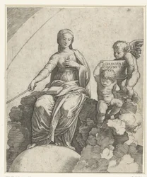Woman with Book and Scepter as Personification of Philosophy Sitting on Clouds with Feet Resting on Globe and Two Putti Beside Her