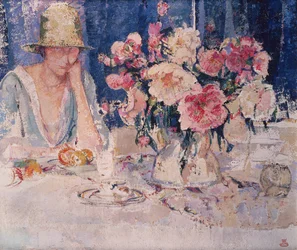 Woman at Table Loaded with Flowers