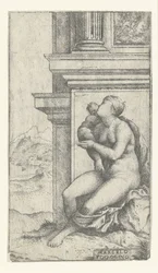 Woman with Child Sitting by Classical Building