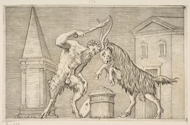 A satyr and a ram attacking each other, the satyr wielding a club with his right hand