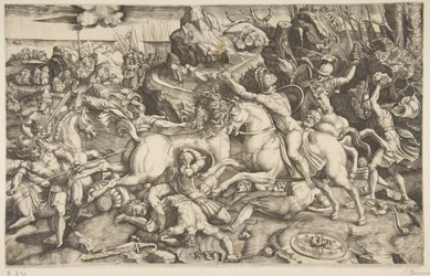 Battle scene in a landscape with soldiers on horseback and several fallen men, another...