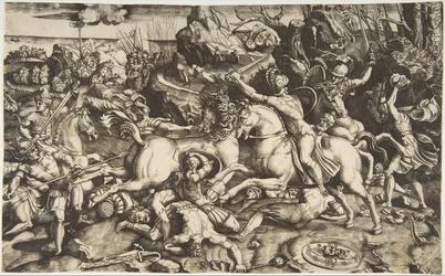 Battle Scene in a Landscape with Soldiers on Horseback and Several Fallen Men