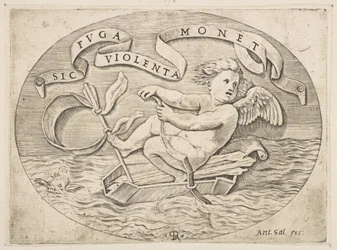 Eros Escaping by Sea, Cupid Using His Bow to Propel a Boat Made from His Quiver