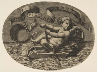 Eros Escaping by Sea Using His Bow to Propel a Boat Made from His Quiver