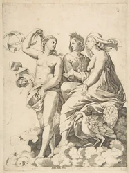 Juno, Ceres, and Psyche conversing in the clouds, Juno seated with a peacock at her ..., ca. 1515-27
