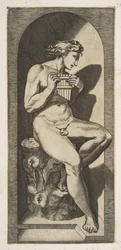 Olympus naked seated on a tree stump holding pipes, set within a niche
