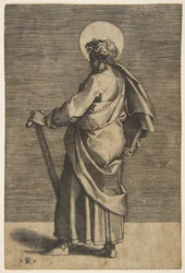 Saint Simon standing facing left, holding a saw and a book