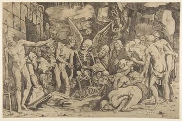 The Skeletons, a group of emaciated men and women gathered around a skeleton, 1515-27
