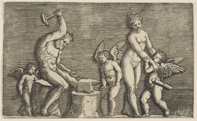 Vulcan Seated Hammering on an Anvil Flanked by Venus and Three Cupids