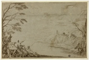Hunters with Dog Beside River
