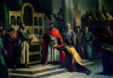 The Oath of Santa Gadea, El Cid Campeador extracts an oath from Alfonso VI, the King of Castille, that in the Year 1072 he had no part in the murder of his brother Sancho II