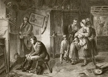 Napoleon seeks rest in a roadside cottage after his defeat at Waterloo, engraved by J.D. Cooper
