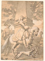 Nobleman Followed by Servants Riding Past a Monument