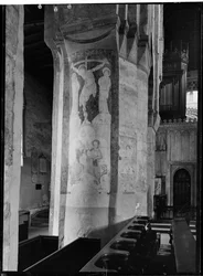 Detail of Medieval wall paintings on the column of an arch in the cathedral church