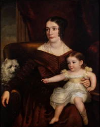 A Mother and Child with a White Dog in an Interior