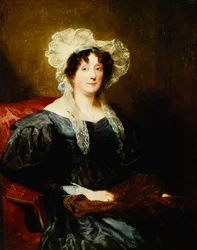 Portrait of a Lady, Seated Half Length, in a Dark Blue Dress and a White Lace Bonnet with a Blue Bow, Holding Needlework