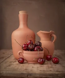 Rustic Cherries and Pottery