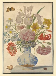 Chinese Vase with Irises, Lilies and Carnations. On the Table, a Butterfly on the Left and a Cockchafer on the Right