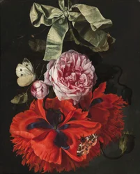 Roses and carnations hanging from a green ribbon with a moth and a butterfly