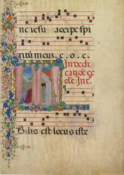 Manuscript Leaf with the Dedication of a Church in an Initial T, from a Gradual