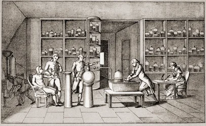 Antoine Laurent de Lavoisier (1743-1794), French chemist conducting an experiment on the breathing of man at rest. Drawing by Mrs Lavoisier. Paris 18th century. Leemage collection