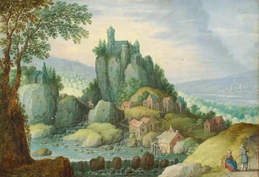 Panoramic Landscape with a River, Castle on a Rocky Outcrop and Watermill Below