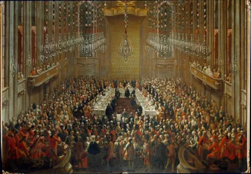 Banquet on the Occasion of the Wedding of Emperor Joseph II and Isabella of Parma on 6/10/1760, with Mozart Standing in the Orchestra