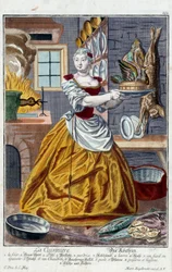 The cook. Engraving by Martin Engelbrecht, in New assembly of the manouvries habilles, 18th century, Germany. Paris, Decorative Arts