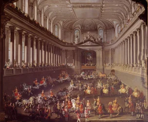 Carousel of the Spanish manege of Vienna to celebrate the French defeat in Prague in 1763, Marie Therese of Austria (1717-1780) is represented on the white horse. Painting of the school of Martin Meytens (1695-1770) 18th century