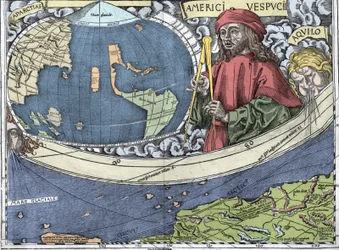 Amerigo Vespucci, Italian explorer and cartographer in the Waldseemuller map or Universalis Cosmographia - Waldseemuller Planisphere - 1507