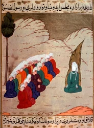 Representation of the Prophet Muhammad (face covered) preaching to members of the tribe of Abd al-Muttalib Miniature from 