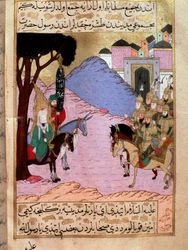The Prophet Muhammad, with his face concealed, tries to convince the Meccans to wait in Medina for the arrival of the enemy armies of the Qurayshites (or Koraishites). They will fight at the Battle of Uhud. Miniature from 