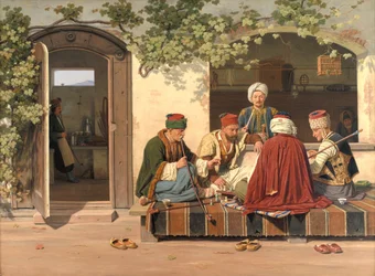 A Party of Chess Players Outside a Turkish Coffeehouse and Barbershop