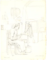 Old woman winding yarn