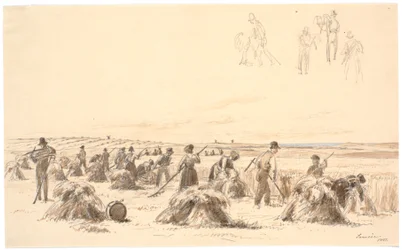 Harvest Workers in the Field. In the Background, Mills and the Sea