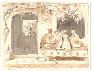Orientals Playing Chess Outside a Turkish Coffeehouse and Barber Shop