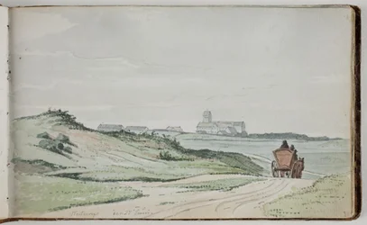 View towards a Landscape. In the Foreground a Country Road with a Horse-Drawn Cart; in the Background Houses and a Church