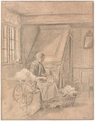 Peasant Cottage with Girl Carding Wool